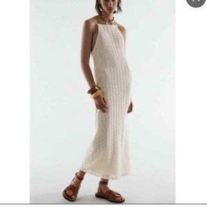 Zara Maxi Dress Women’s Large Knit Midi Cream Sleeveless Crochet Halter  B15